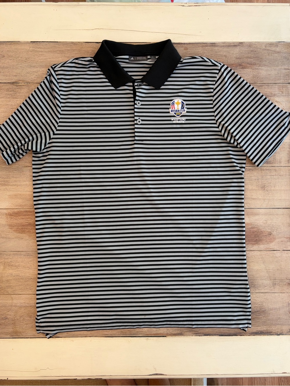 Adidas 2020 Whistling Straights black and gray striped golf polo. Men’s L